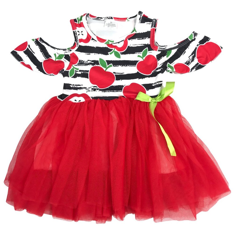 Little Girls Toddler Kids Cold Shoulder Apple Stripes Tutu Tulle Girl Dress 2-8